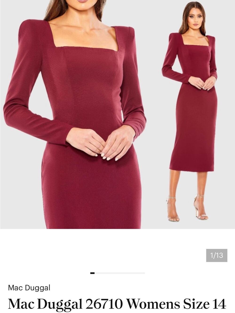 Mac Duggal Wine Square-Neck Long Sleeve Midi Dress